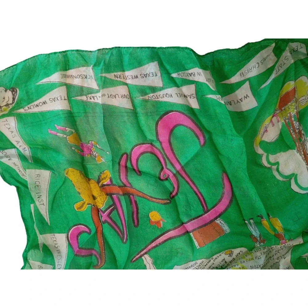Vintage Texas Souvenir Scarf Silk Green Novelty Map Print Alamo Baylor Austin